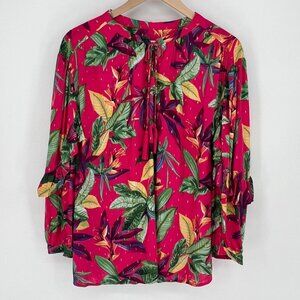 Chico's Womens Tropical Print Tie-Neck Blouse Size 20 Pink Long Sleeve Pullover